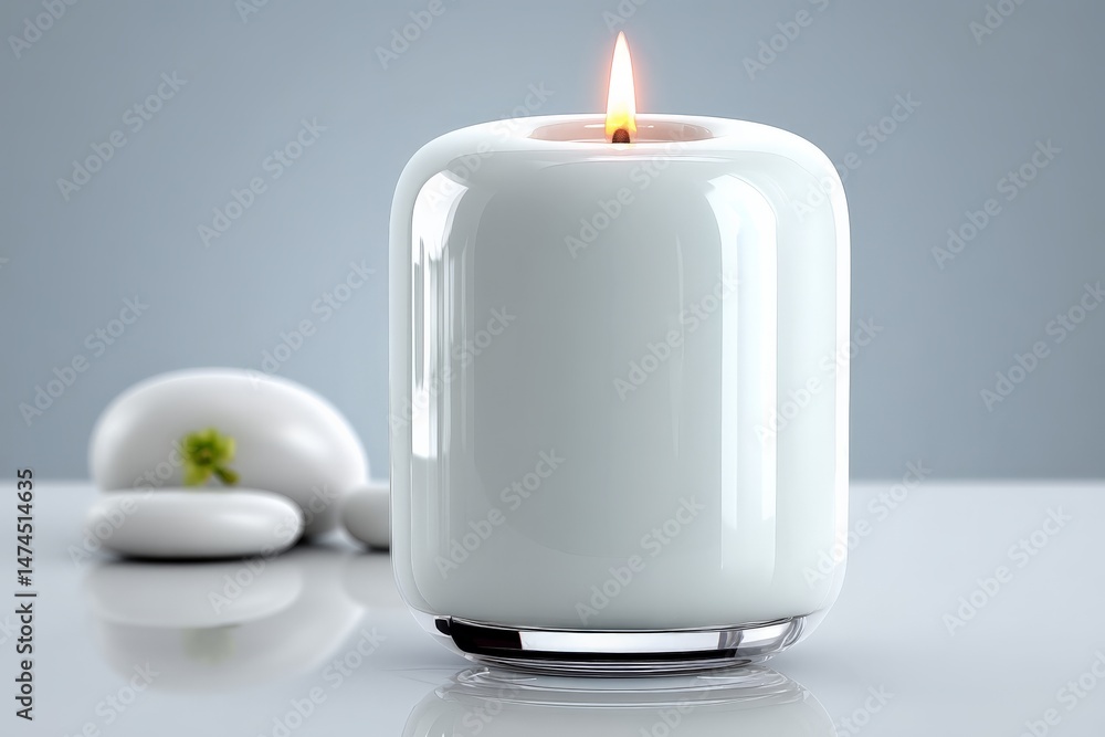 Aufkleber minimalist candle with soft glow and smooth pebbles on clean surface in serene setting