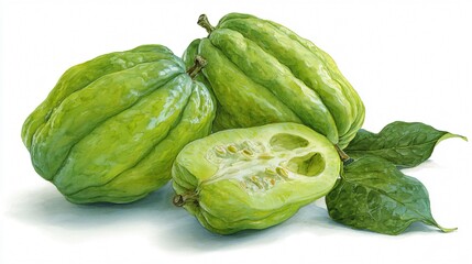 Naklejka premium Watercolor Chayote Squash Illustration | Fresh Chayote Gourd Clipart | Tropical Vegetable Art – White Background
