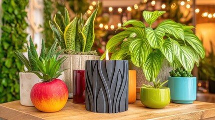 Vibrant Indoor Plants and Colorful Decor with Candle on a Wooden Table Surrounded by Greenery