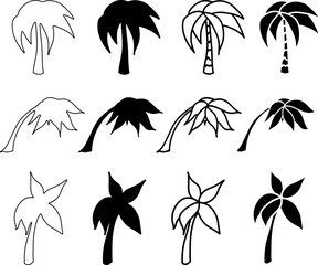 Set of palm trees, outline, silhouette, stencil