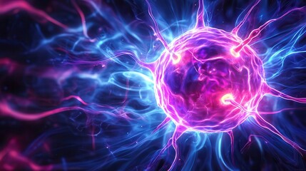 Obraz premium Nanotechnology. Abstract Physics Atom Proton Particle. Light Plasma Ball. Science Microscope Background. Virus Cell. Medical Science and Tech Inspired Abstract Background. Vector Illustration.