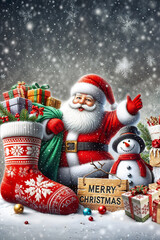A festive Christmas postcard in the snow with Santa, presents and a cheerful snowman under a sparkling winter sky.
