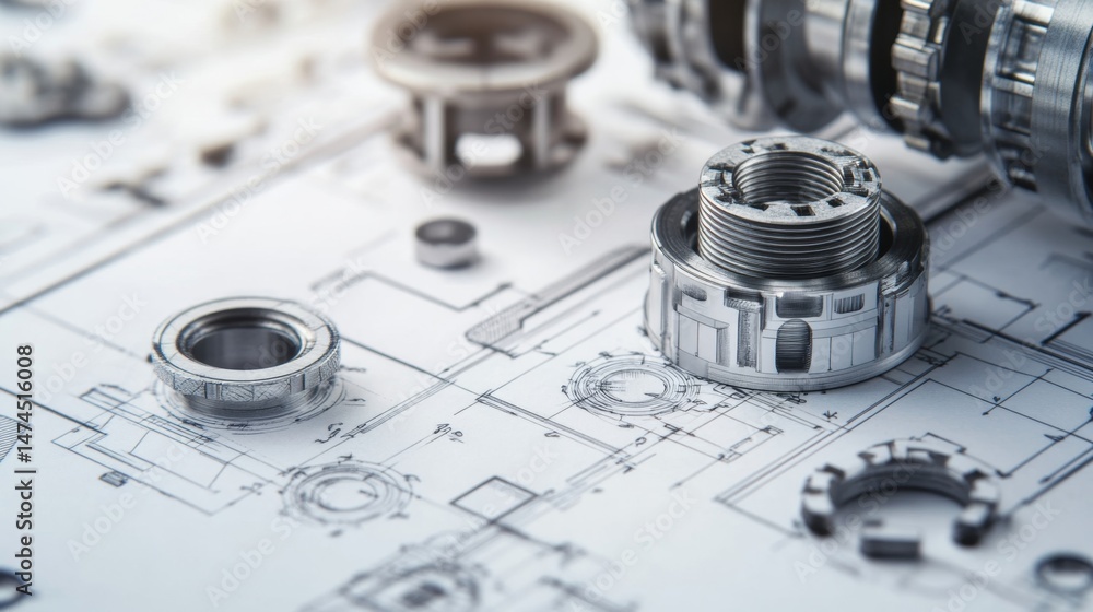 Aufkleber precision engineering components industrial workshop technical blueprint mechanical design close-up 