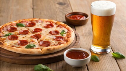 A delicious pepperoni pizza with melted cheese and basil sits on a wooden board next to a glass of cold beer and red sauces, symbolizing a classic meal