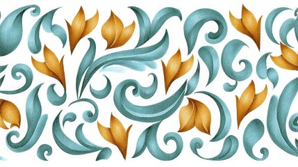 Elegant Floral and Swirl Pattern in Soft Teal and Gold Tones for Decorative Use