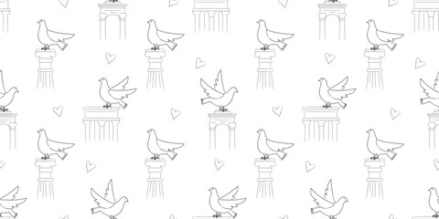 Seamless pattern with doves and classical columns. Line art pattern of pigeons on ancient pedestals. Minimalist outline doves with romantic hearts. Classical architecture and bird seamless design