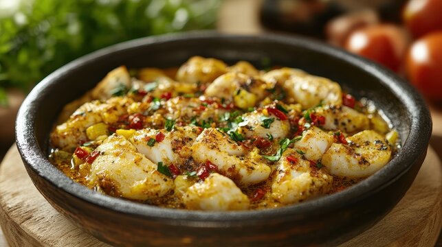 A savory fish dish with red peppers and herbs in a rustic bowl. Showcase your food blog with this flavorful and eye-catching entree.
