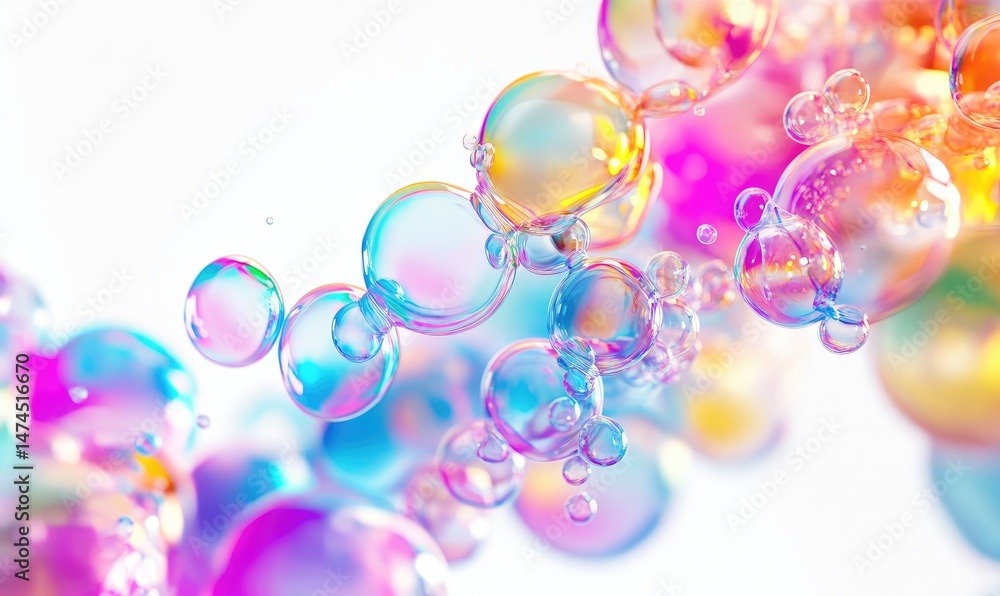 Poster a vibrant display of multicolored bubbles. a mesmerizing swirl of iridescent soap bubbles in various