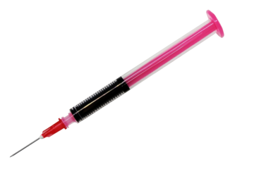 Pink syringe with dark liquid, needle pointed