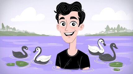 Young Man with Black Hair Smiling in Water Surrounded by Swans and Ducks in a Serene Setting