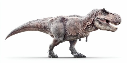 Fototapeta premium A Tyrannosaurus Rex, a large dinosaur, is seen in profile, isolated against a white background.