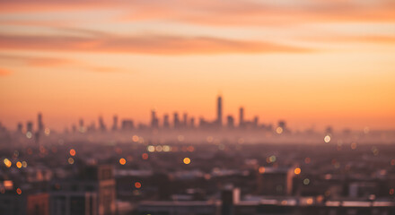 Obraz premium Blurred distant urban cityscape silhouette against a vibrant orange sunset sky with soft clouds, concept for city life, travel destination and real estate marketing