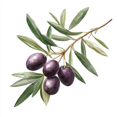 Watercolor botanical illustration of ripe purple olives on branch with green leaves, isolated on white background.
