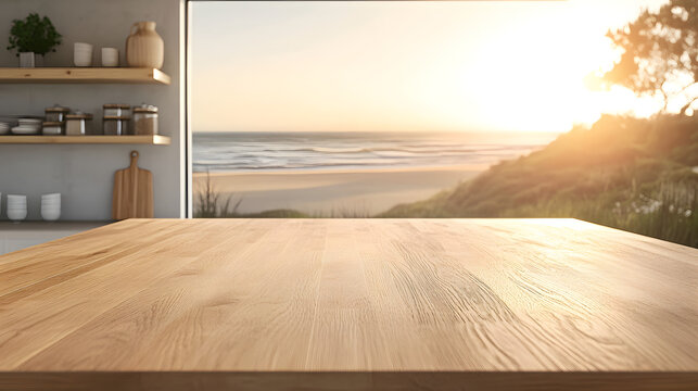 Serene Coastal Kitchen: An inviting kitchen space frames a captivating coastal view, offering a tranquil and harmonious setting for culinary creativity. A clean, open-concept design.