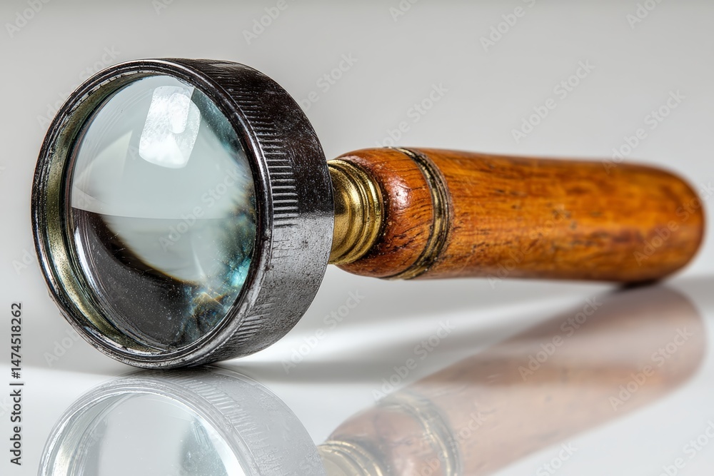 Poster magnifying glass resting on a reflective surface in a well-lit indoor setting