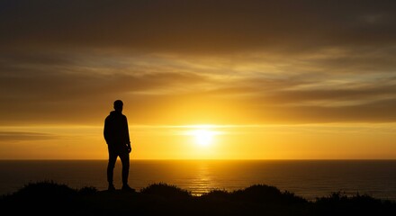 Silhouette of a person observing a golden sunset over the ocean.