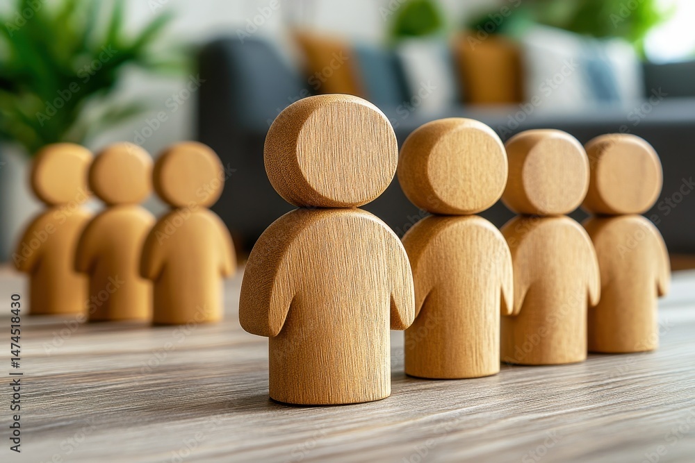 Poster wooden figures representing teamwork and collaboration in a modern office setting with background de