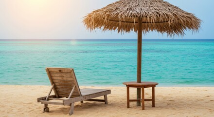 Wooden beach chair with a thatched umbrella and table set against a turquoise ocean view.
