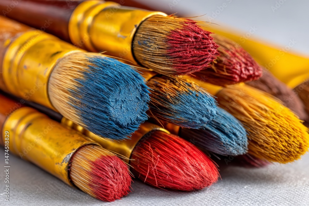 Poster Vibrant collection of paintbrushes arranged artistically on a textured surface during a creative workshop setting