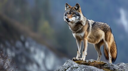 Obraz premium Majestic wolf standing on rocky outcrop mountain landscape wildlife photography natural habitat side view animal majesty