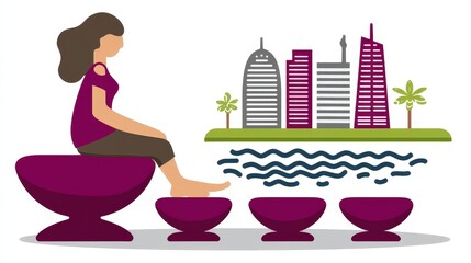 Woman Relaxing with Feet in Water Surrounded by Cityscape and Greenery in a Modern Illustration