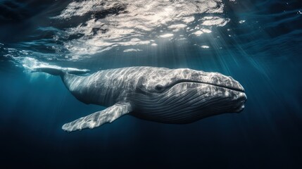 Majestic humpback whale swimming underwater in ocean depths.