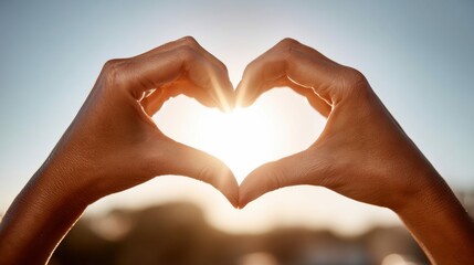 Obraz premium Hands form a heart shape against a bright, sunlit sky, perfect for love.