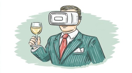 Elegant Man Enjoying Virtual Reality Experience with Wine Glass in Hand