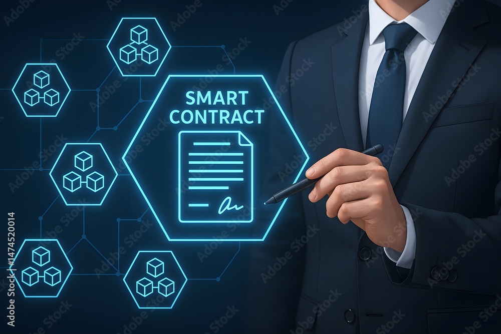 Poster a businessman uses a stylus to navigate a glowing digital interface representing a smart contract, e