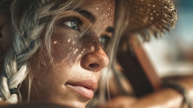 A woman with blonde hair and blue eyes is wearing a straw hat