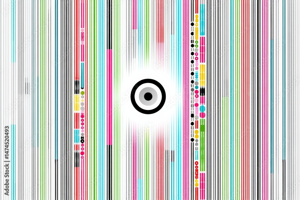 Poster colorful abstract design with concentric circles and vertical stripes in vibrant hues