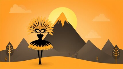 Elegant dancer in silhouette with feathered mask and mountain backdrop during sunset