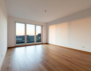 Modern Empty Room with Large Windows and Scenic View at Sunset