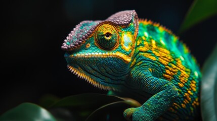 Chameleon displaying vibrant colors tropical rainforest wildlife photography close-up nature's adaptation