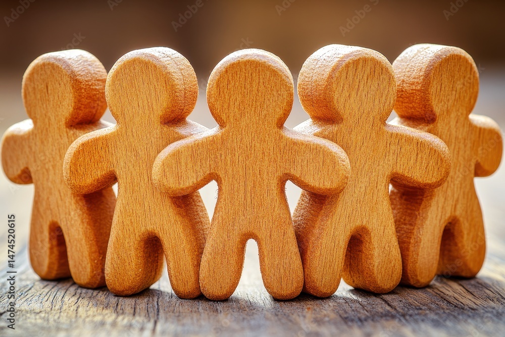Poster wooden figurines representing unity and teamwork as symbol of collaboration and connection in busine