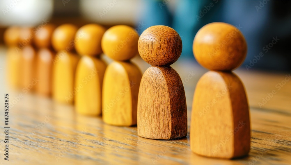 Poster wooden figurines in a row on wooden table with blurred background representing concepts of unity, te