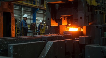 Industrial workers in safety helmets operate heavy machinery in a manufacturing facility, with molten metal being processed, showcasing the intense environment of metalworking