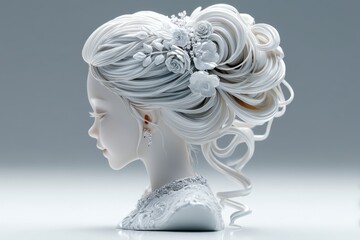 Fototapeta premium Elegant white-haired figurine showcasing intricate hairstyle with floral decorations in a minimalist setting