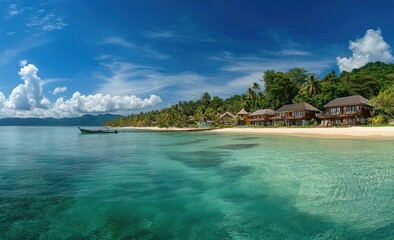 Fototapeta premium Ocean View Villas Beside Turquoise Sea with Clear Blue Sky and White Sandy Beach