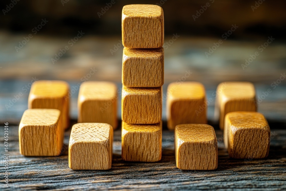 Poster wooden cubes stacked and arranged on a rustic surface for creative background or conceptual represen