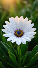 Fototapeta premium A single white African daisy with a blue center is beautifully illuminated by soft sunlight in a lush green garden, showcasing its delicate petals and textures.