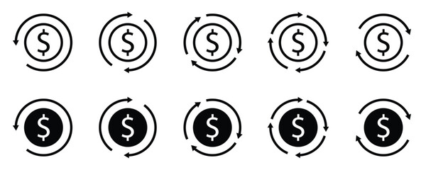 Cash Flow Vector Icon Set – Black and White Flat Design for Finance and Money Circulation Concepts