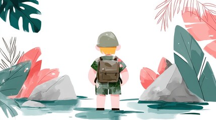 Cartoon Explorer in Jungle Setting with Cartoonish Plants and Rocks in Vibrant Colors