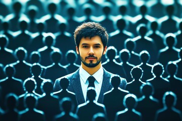 Confident Businessman Standing Out Among Generic Crowd Silhouettes in a Professional Setting