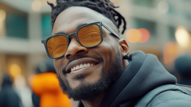 Smiling man wearing stylish sunglasses in an urban setting, exuding confidence and positivity, Ideal for articles on fashion, lifestyle, or personal branding,