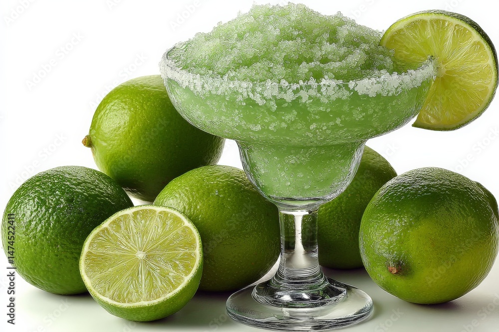 Poster refreshing lime slush served in a glass alongside fresh limes in a vibrant setting