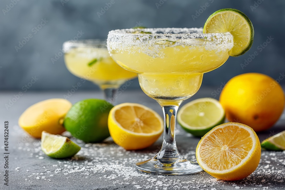 Poster refreshing citrus margaritas on a table with fresh limes and lemons during a summer gathering