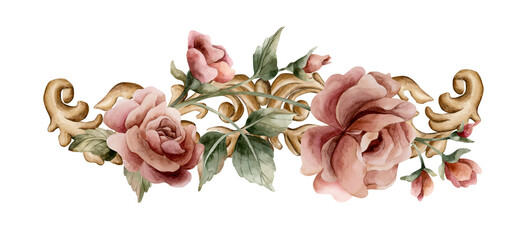 Roses with golden decorative vintage ornaments in Victorian baroque style. Watercolor floral isolated illustration