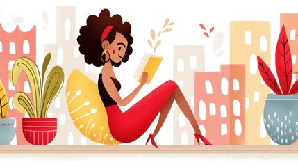 Young woman reading a book while sitting on a cozy cushion in a colorful urban setting