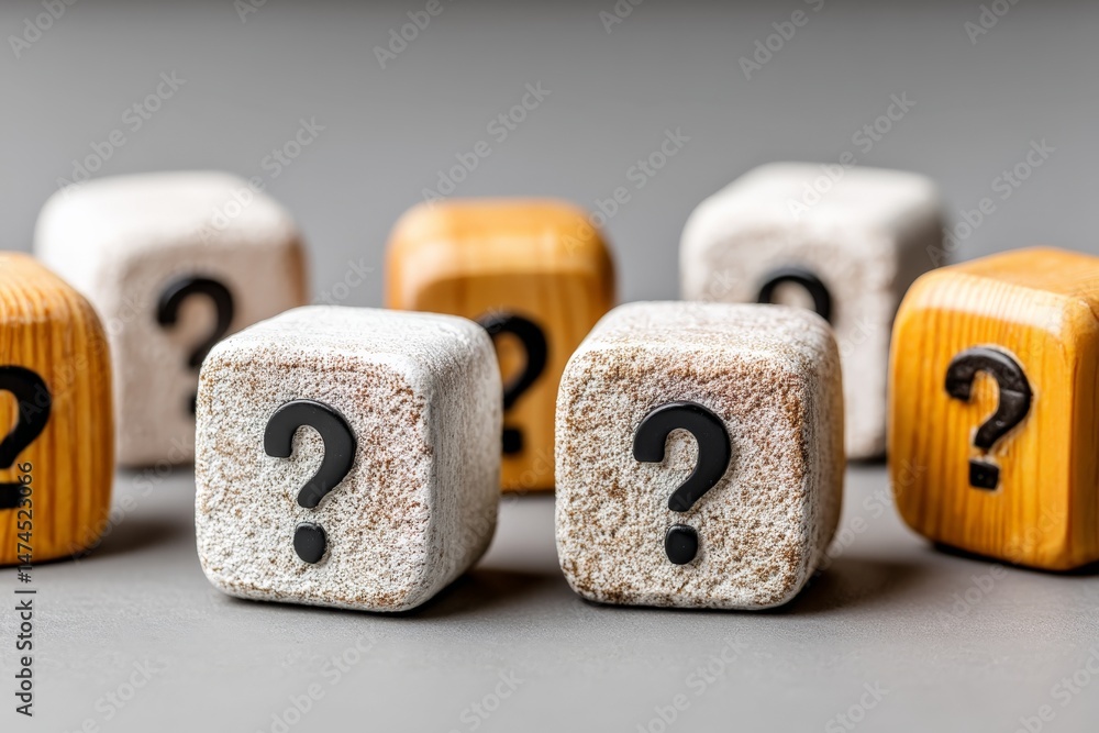 Aufkleber Blocks with question marks represent uncertainty and curiosity in a minimalist setting during a creative brainstorming session